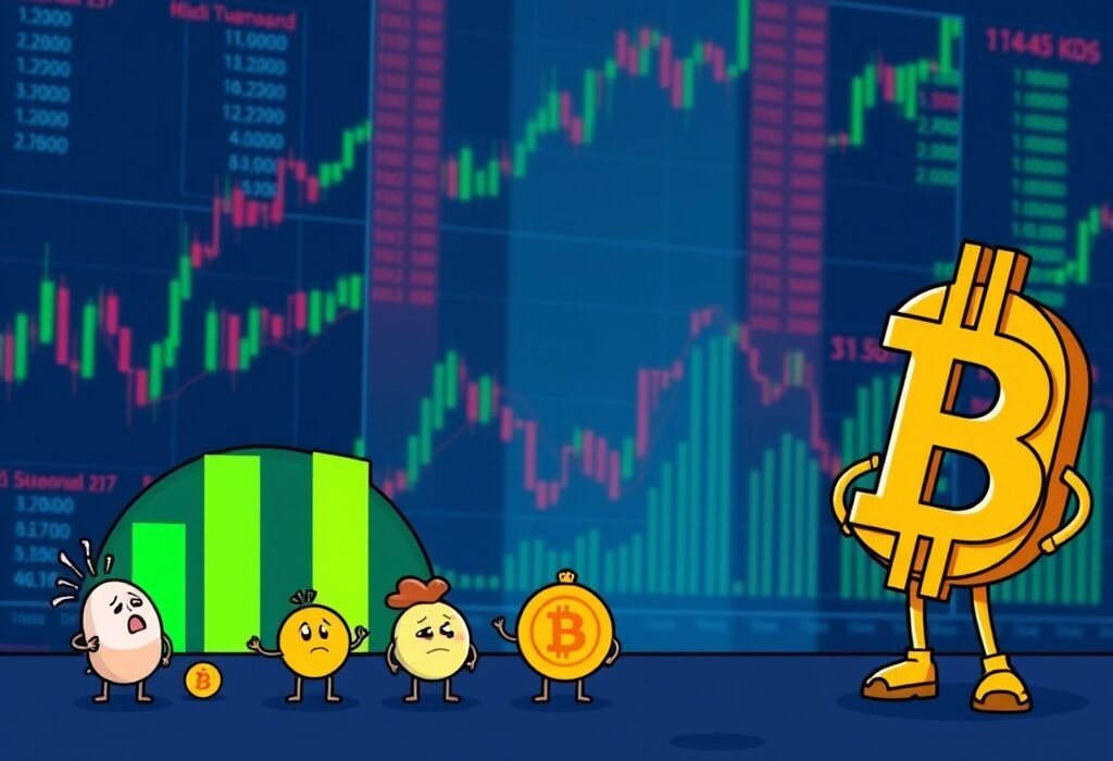 A cartoon illustration showing the Altcoin Season Index falling, representing a shift in crypto market dominance from altcoins to Bitcoin.