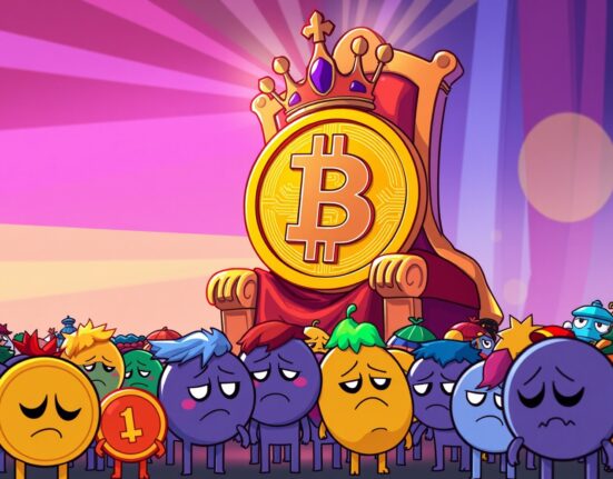 A vibrant cartoon showing Bitcoin reigning supreme over altcoins, illustrating the current Altcoin Season Index reading.