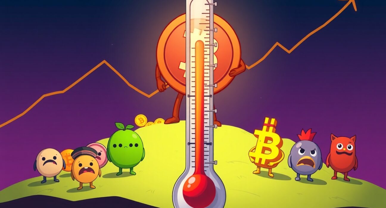 A cartoon illustrating the weak Altcoin Season Index with dejected altcoins next to a strong Bitcoin.