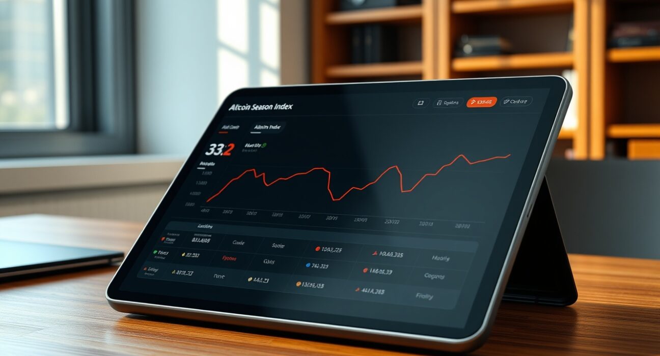 Analyst monitoring the declining Altcoin Season Index on a financial dashboard, indicating Bitcoin market dominance.
