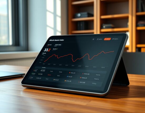 Analyst monitoring the declining Altcoin Season Index on a financial dashboard, indicating Bitcoin market dominance.