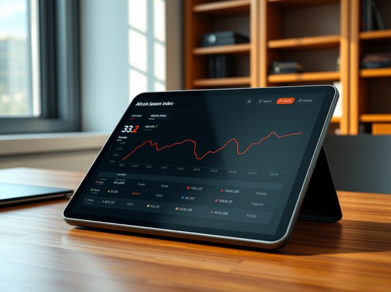 Analyst monitoring the declining Altcoin Season Index on a financial dashboard, indicating Bitcoin market dominance.