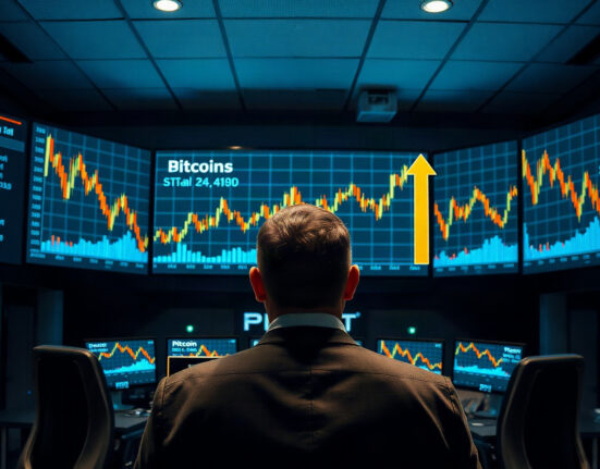Cryptocurrency price charts on trading screens showing altcoin decline and Bitcoin stability
