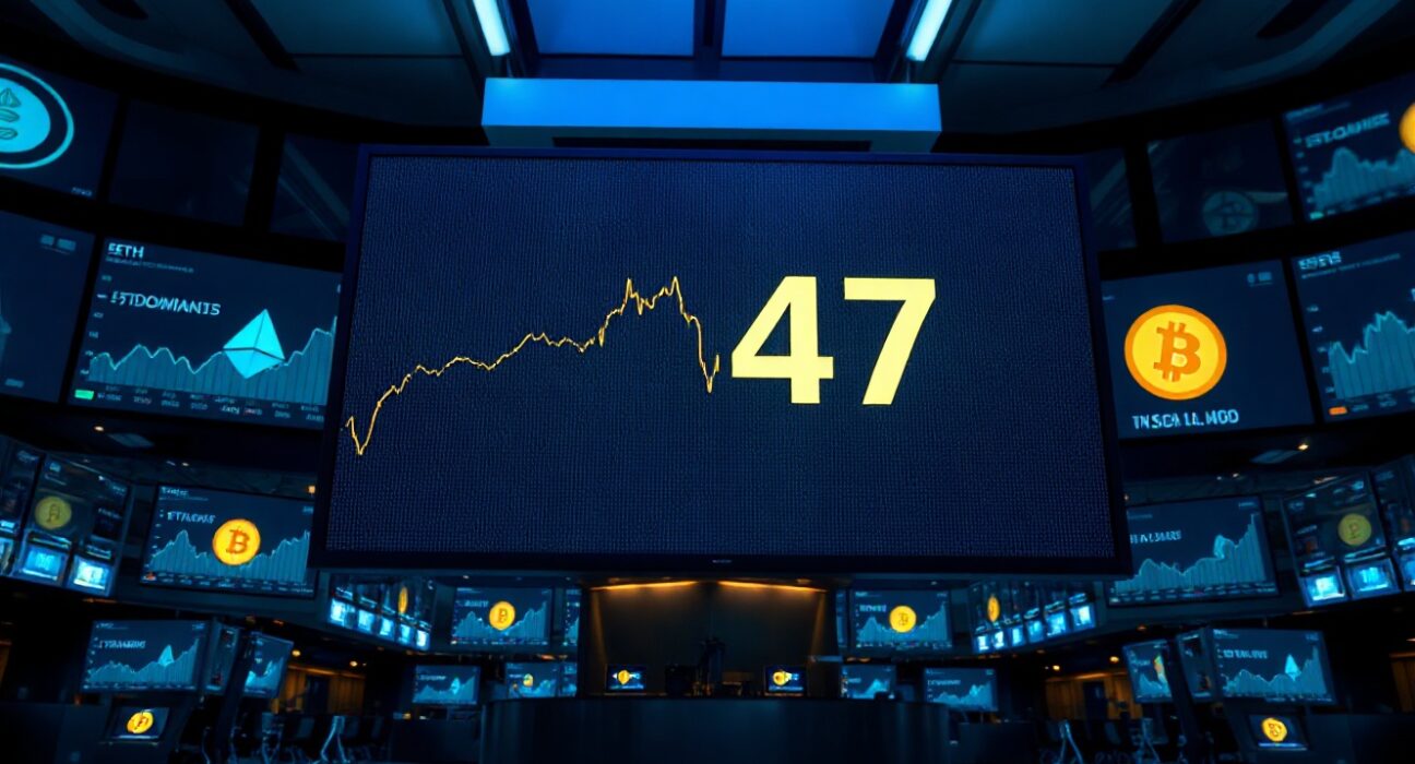 Digital display showing Altcoin Season Index at 47 on a trading floor