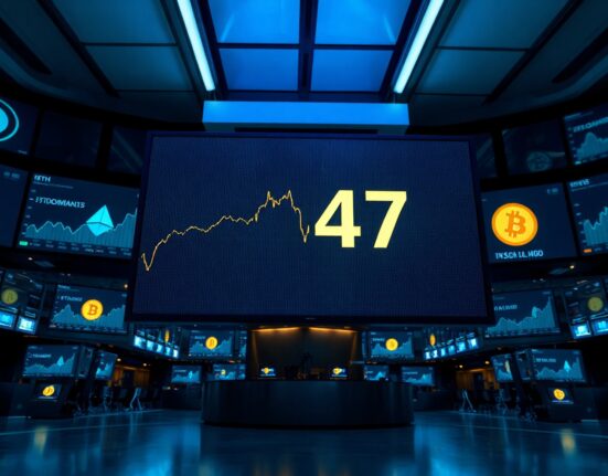 Digital display showing Altcoin Season Index at 47 on a trading floor