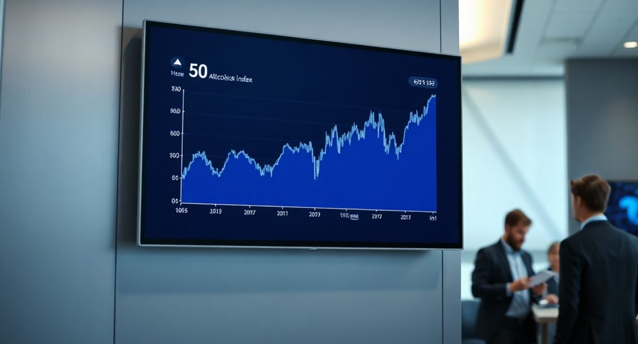 Digital display showing altcoin season index at 50 in a modern office setting