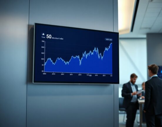 Digital display showing altcoin season index at 50 in a modern office setting