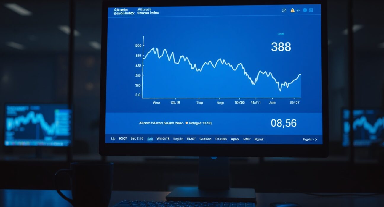 Digital screen displaying Altcoin Season Index at 38 in a dimly lit trading environment