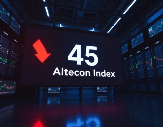 Altcoin Season Index at 45 on a digital display in a trading environment
