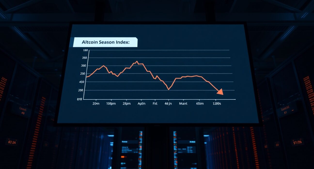 Digital screen showing Altcoin Season Index at 49 with a downward trend line in a trading floor setting