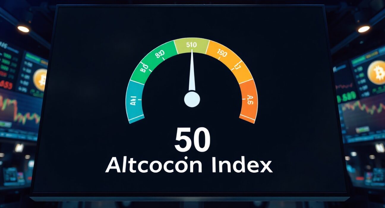 Altcoin Season Index gauge reading 50 on a digital display in a trading floor, indicating a neutral market.