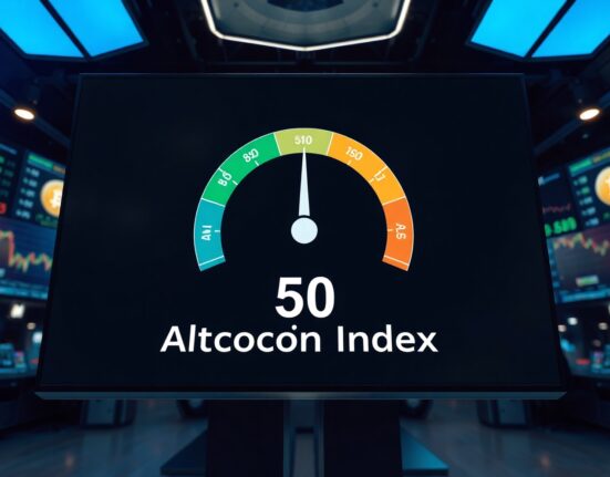 Altcoin Season Index gauge reading 50 on a digital display in a trading floor, indicating a neutral market.