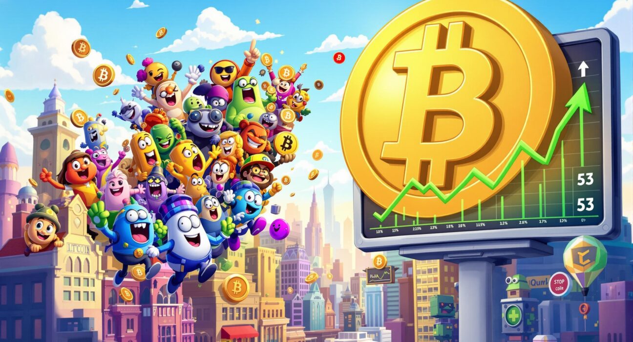 Cartoon illustration of altcoins soaring above Bitcoin, representing the current Altcoin Season in the crypto market.