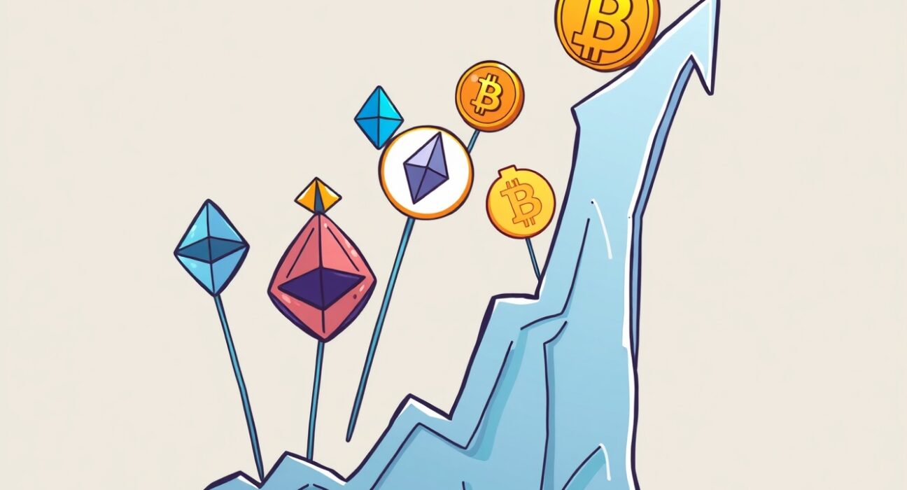 A cartoon illustration showing the Altcoin Season Index rising, symbolizing a period of strong growth for altcoins relative to Bitcoin.