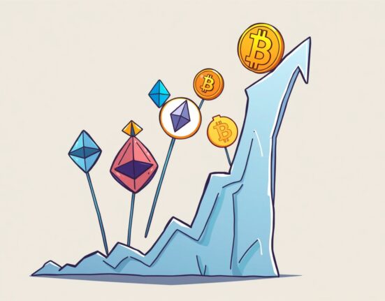 A cartoon illustration showing the Altcoin Season Index rising, symbolizing a period of strong growth for altcoins relative to Bitcoin.