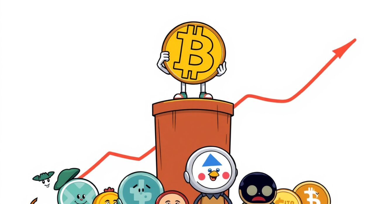 A cartoon illustrating Bitcoin's dominance as the Altcoin Season Index falls, with altcoins looking up.