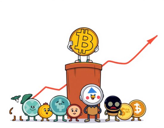 A cartoon illustrating Bitcoin's dominance as the Altcoin Season Index falls, with altcoins looking up.