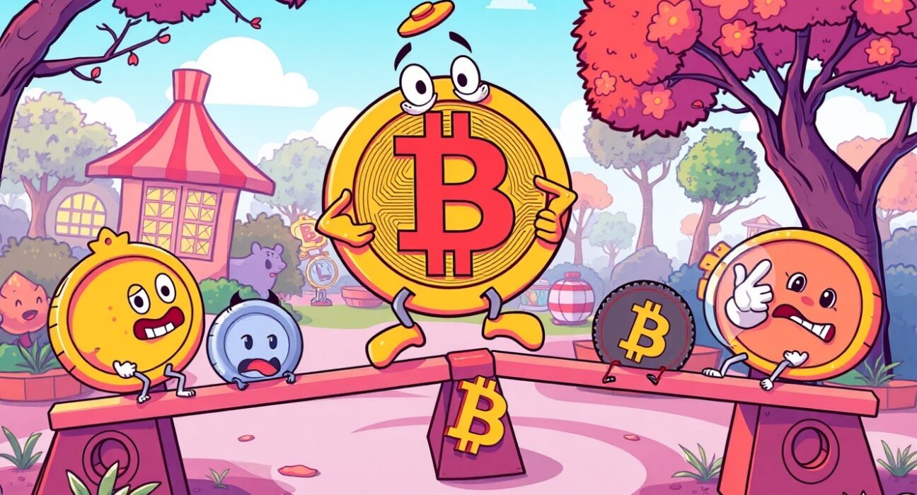Cartoon illustration of Bitcoin dominating the altcoin season index on a seesaw