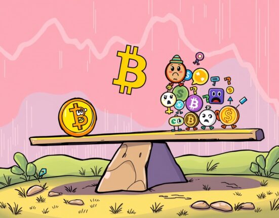 A cartoon illustration showing the Altcoin Season Index concept with Bitcoin dominating over anxious altcoins on a seesaw.