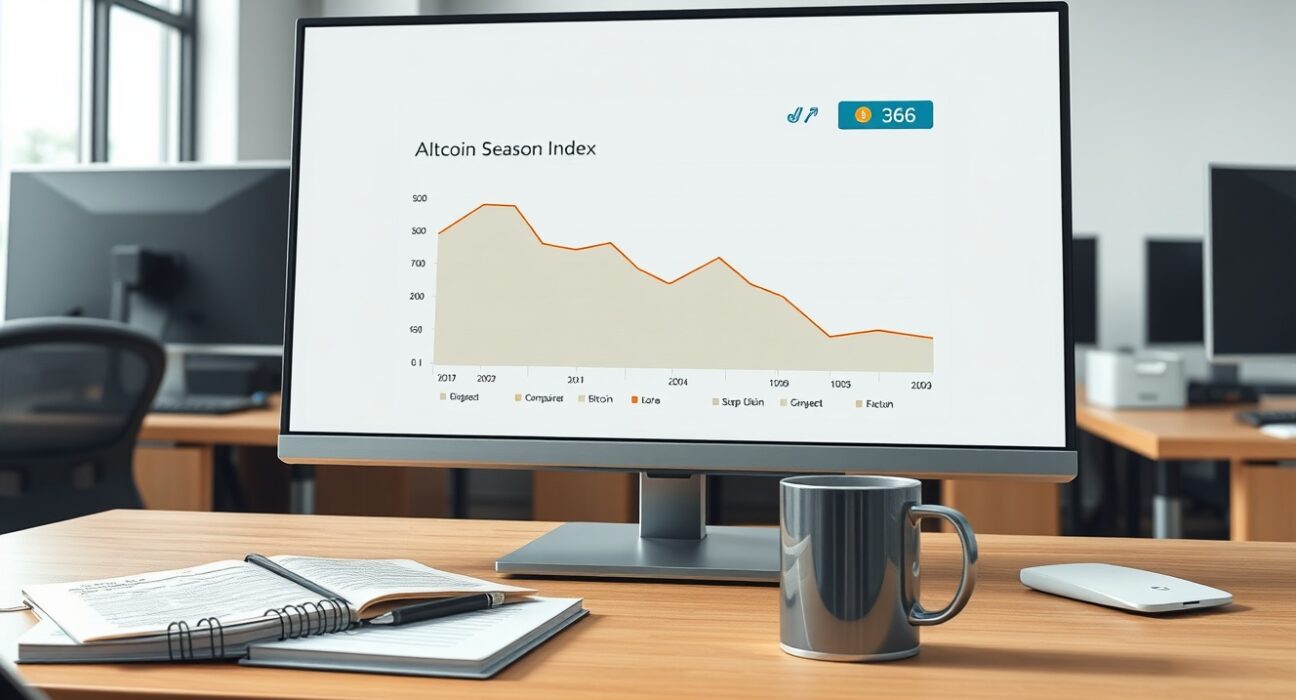 Analyst's monitor showing the declining Altcoin Season Index chart at 36, indicating Bitcoin market dominance.