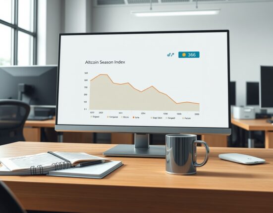 Analyst's monitor showing the declining Altcoin Season Index chart at 36, indicating Bitcoin market dominance.
