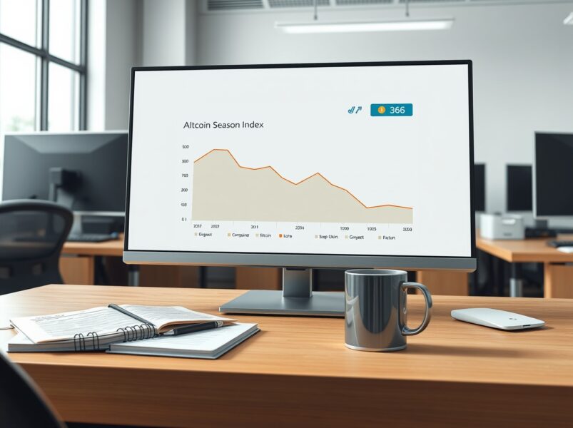 Analyst's monitor showing the declining Altcoin Season Index chart at 36, indicating Bitcoin market dominance.