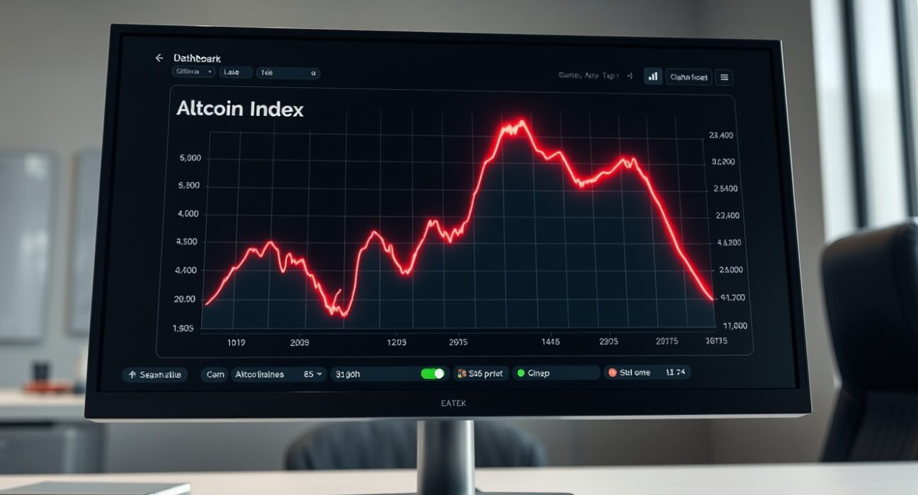 Data dashboard showing the declining Altcoin Season Index, a key cryptocurrency market metric.