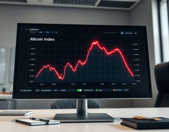 Data dashboard showing the declining Altcoin Season Index, a key cryptocurrency market metric.