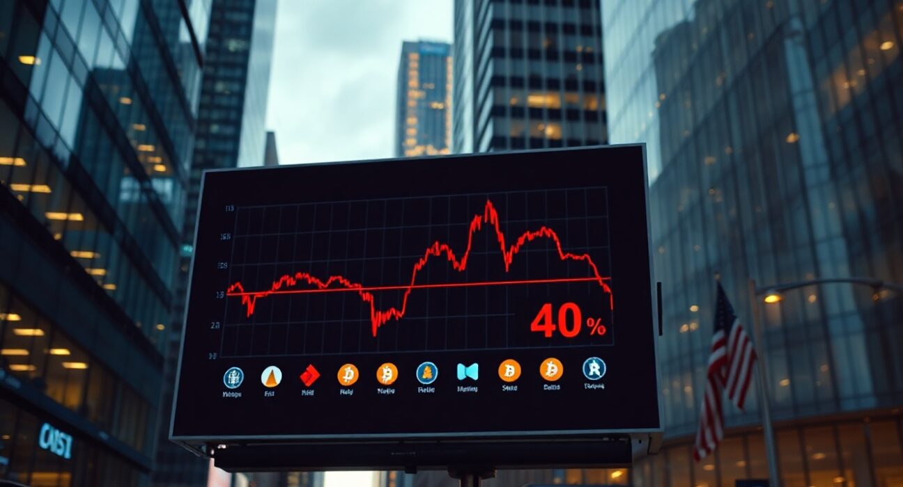 Digital screen showing Altcoin Season Index at 40 with Bitcoin logo in financial district