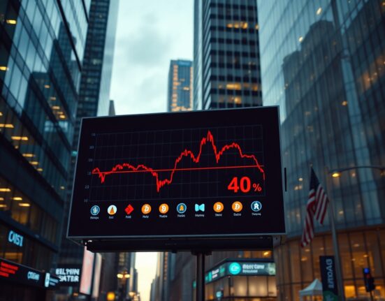 Digital screen showing Altcoin Season Index at 40 with Bitcoin logo in financial district