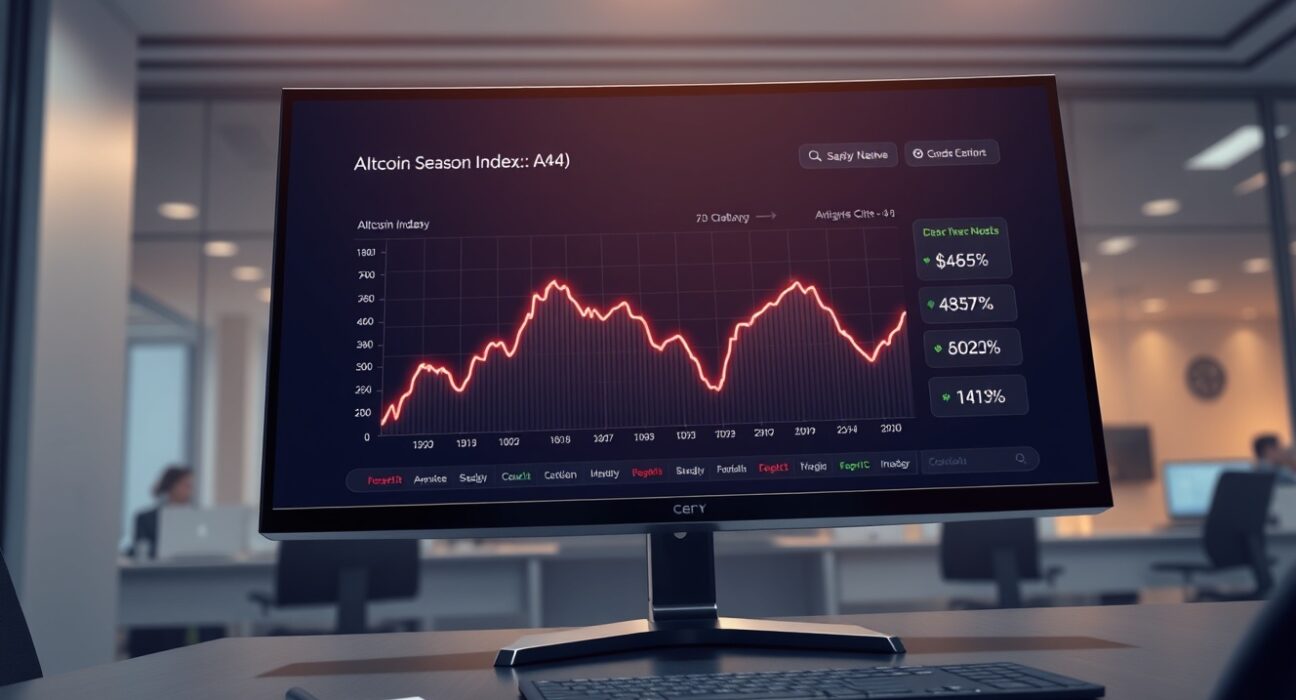 Data dashboard showing the declining Altcoin Season Index, indicating shifting cryptocurrency market trends.