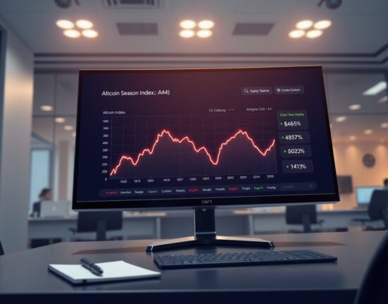 Data dashboard showing the declining Altcoin Season Index, indicating shifting cryptocurrency market trends.