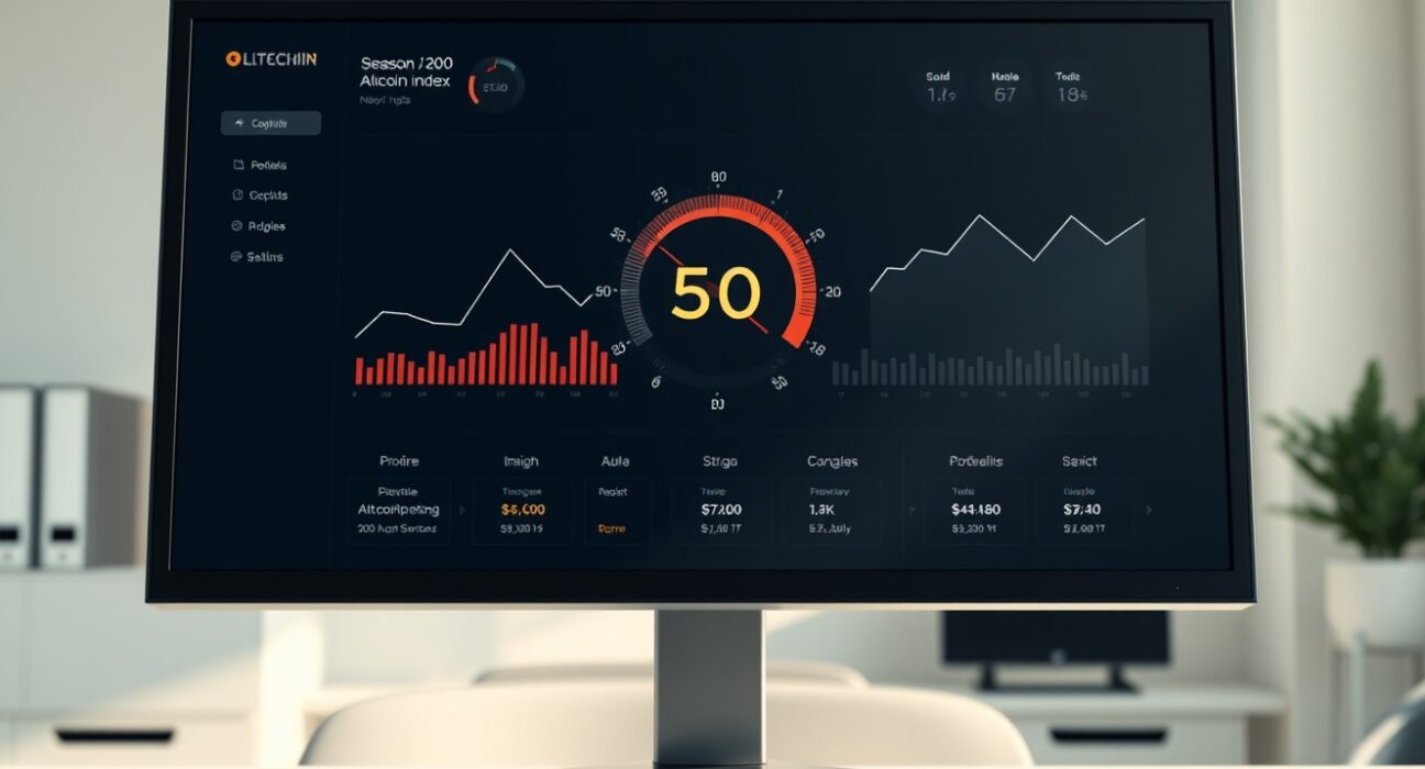 Analytical dashboard showing the Altcoin Season Index at a critical level of 50.