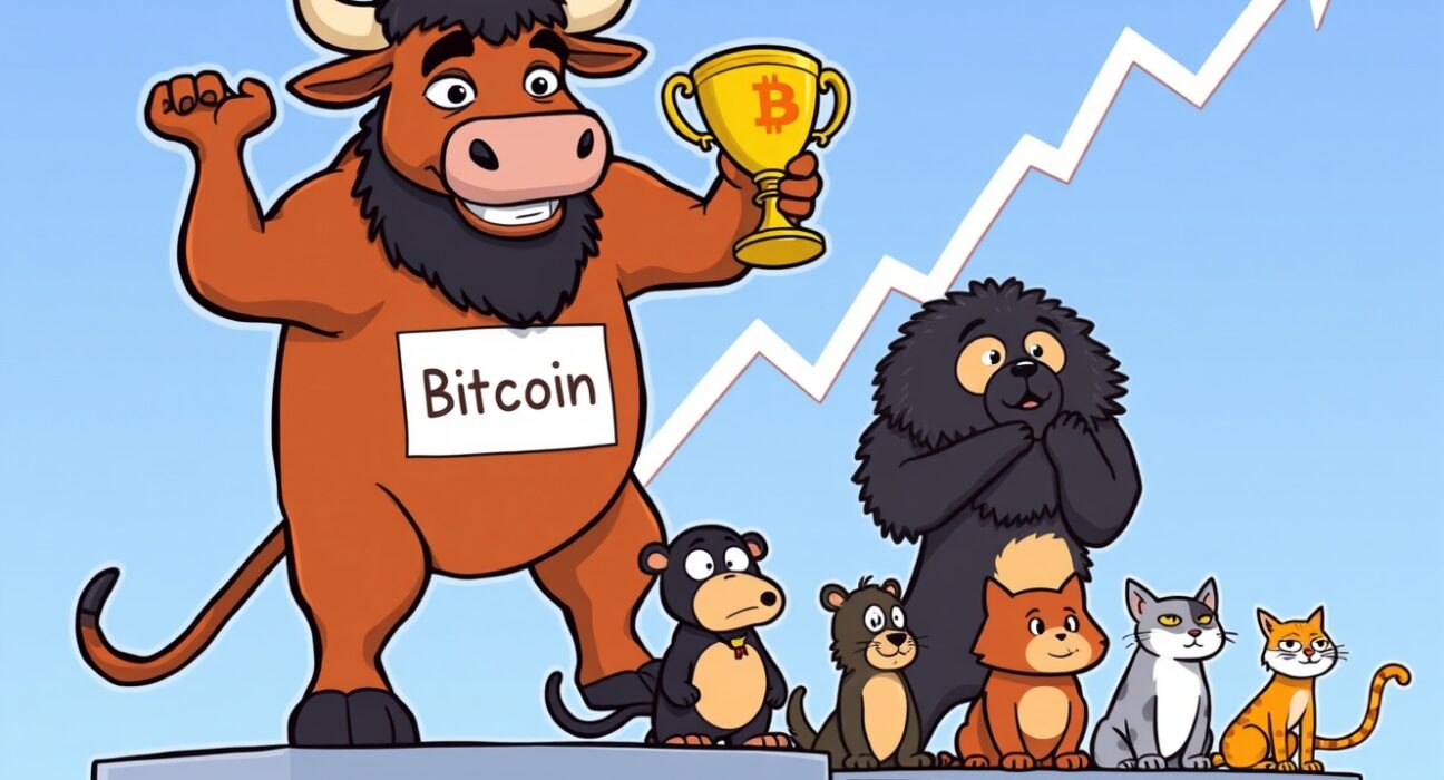 A vibrant cartoon of a large Bitcoin bull towering over dejected altcoin animals, symbolizing the falling Altcoin Season Index.