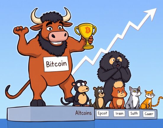 A vibrant cartoon of a large Bitcoin bull towering over dejected altcoin animals, symbolizing the falling Altcoin Season Index.