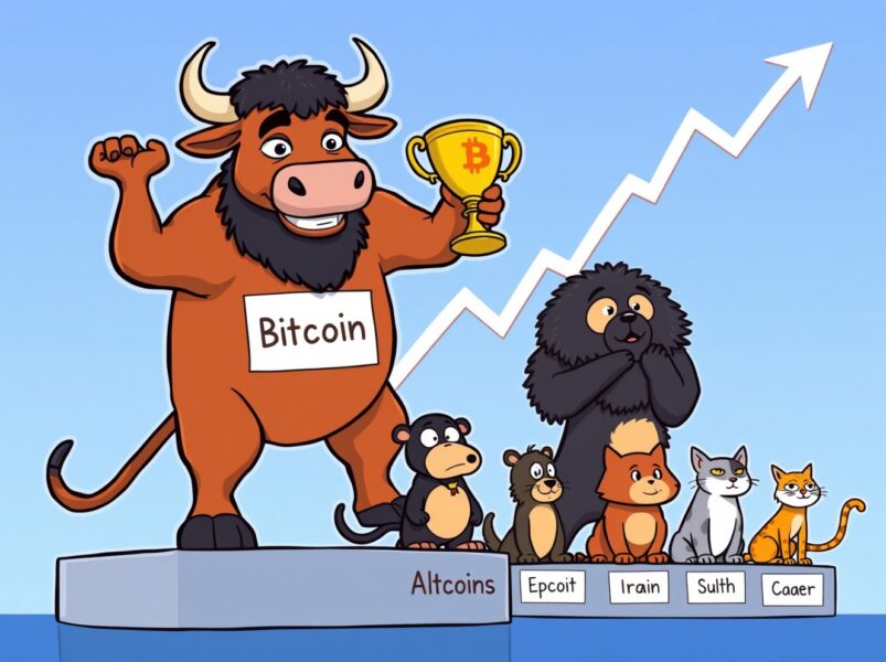 A vibrant cartoon of a large Bitcoin bull towering over dejected altcoin animals, symbolizing the falling Altcoin Season Index.
