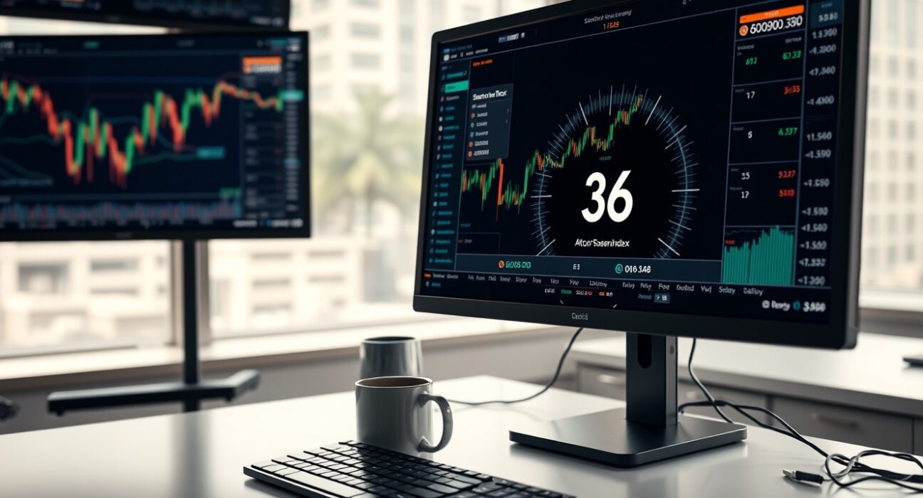 Cryptocurrency trading desk with Altcoin Season Index at 36 on monitor