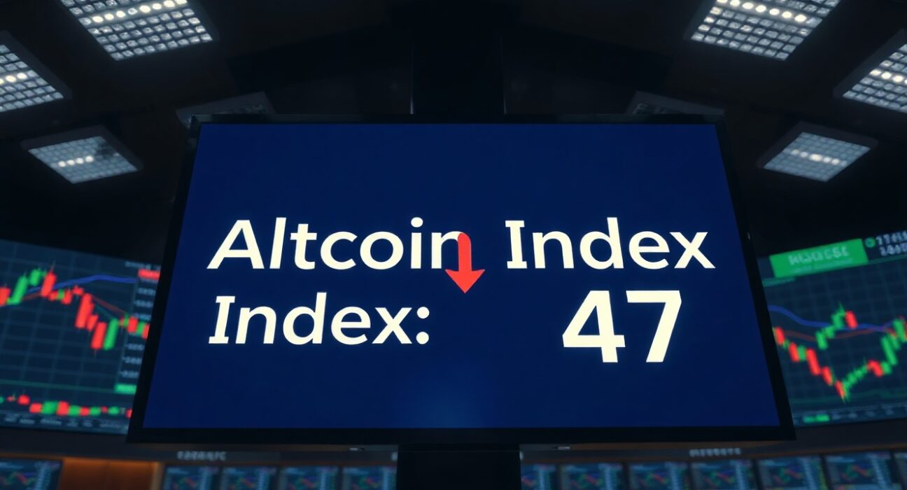 Digital display showing Altcoin Season Index at 47 with downward arrow in a trading floor setting