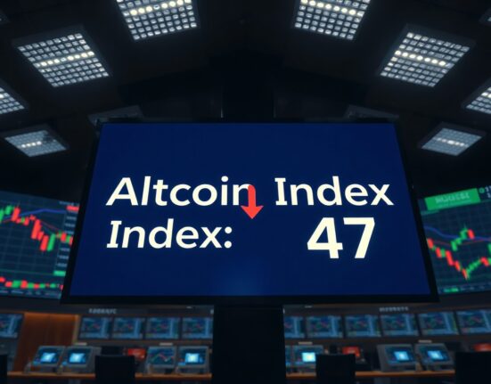 Digital display showing Altcoin Season Index at 47 with downward arrow in a trading floor setting