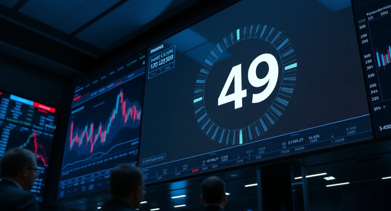 Digital display showing the Altcoin Season Index at 49 on a trading floor