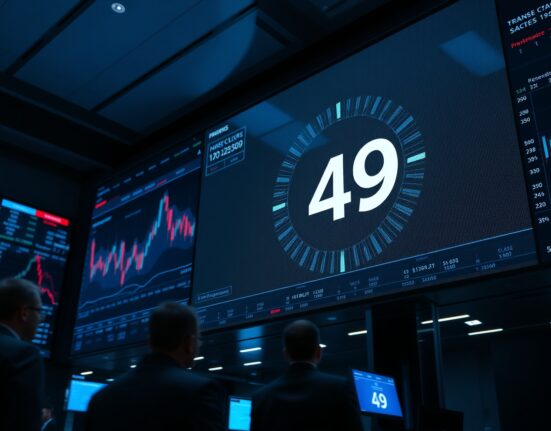 Digital display showing the Altcoin Season Index at 49 on a trading floor