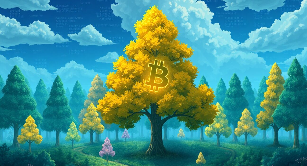 The Altcoin Season Index visualizes Bitcoin's dominance amidst a forest of diverse altcoins in the cryptocurrency market.