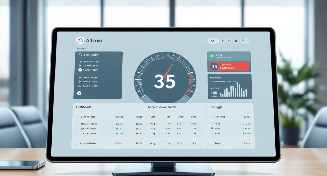Analytical dashboard showing the Altcoin Season Index at 35, indicating current crypto market conditions.