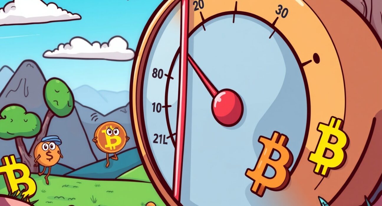 A cartoon gauge showing the stagnant Altcoin Season Index at 17, with curious cryptocurrency characters observing.