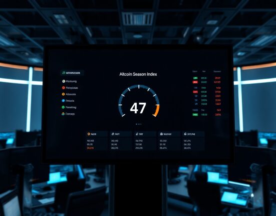Digital display showing Altcoin Season Index gauge at 47 in a modern trading environment.