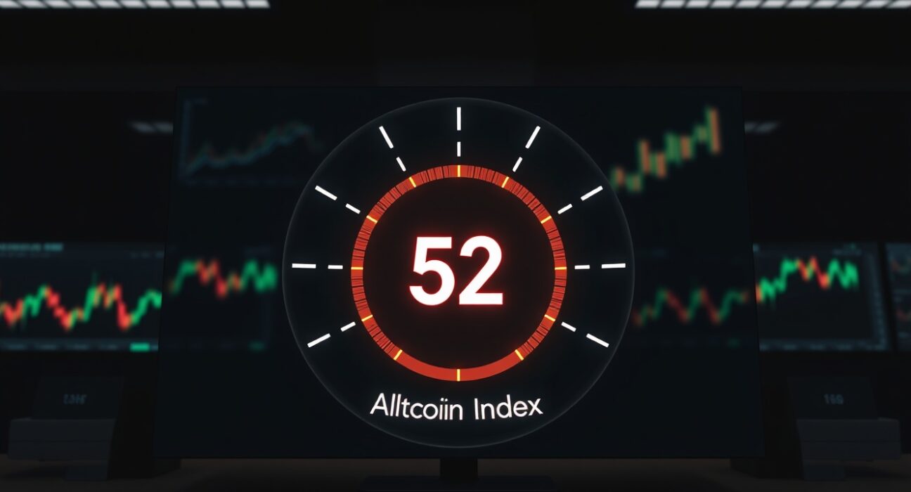 The Altcoin Season Index gauge showing a reading of 52 on a financial analytics dashboard.