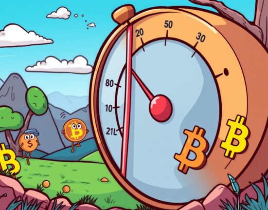 A cartoon gauge showing the stagnant Altcoin Season Index at 17, with curious cryptocurrency characters observing.