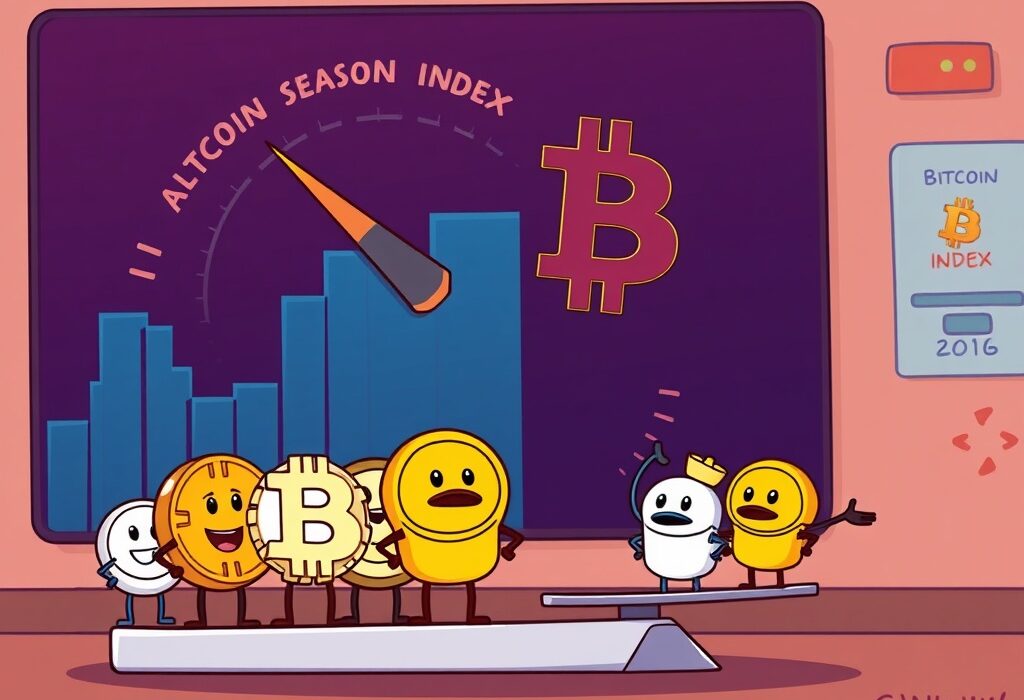 A cartoon illustration depicting the Altcoin Season Index, with Bitcoin dominating smaller altcoins, symbolizing the current Bitcoin Season.