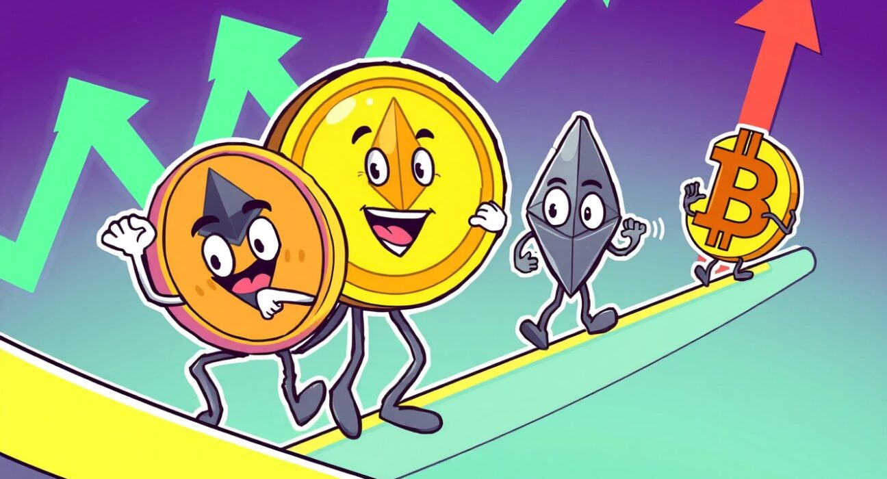 A vibrant cartoon illustration depicting the Altcoin Season Index rising, with altcoin characters gaining ground against Bitcoin, signifying market movement.