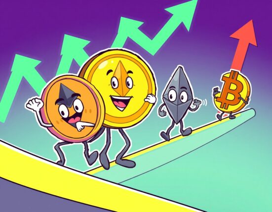 A cartoon illustration depicting the Altcoin Season Index, with Bitcoin dominating smaller altcoins, symbolizing the current Bitcoin Season.